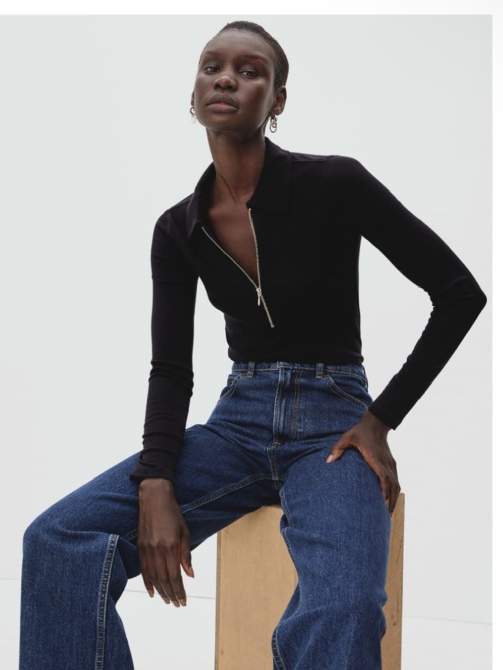 Everlane Black Long Sleeve Zip-Front Polo Top - Size S